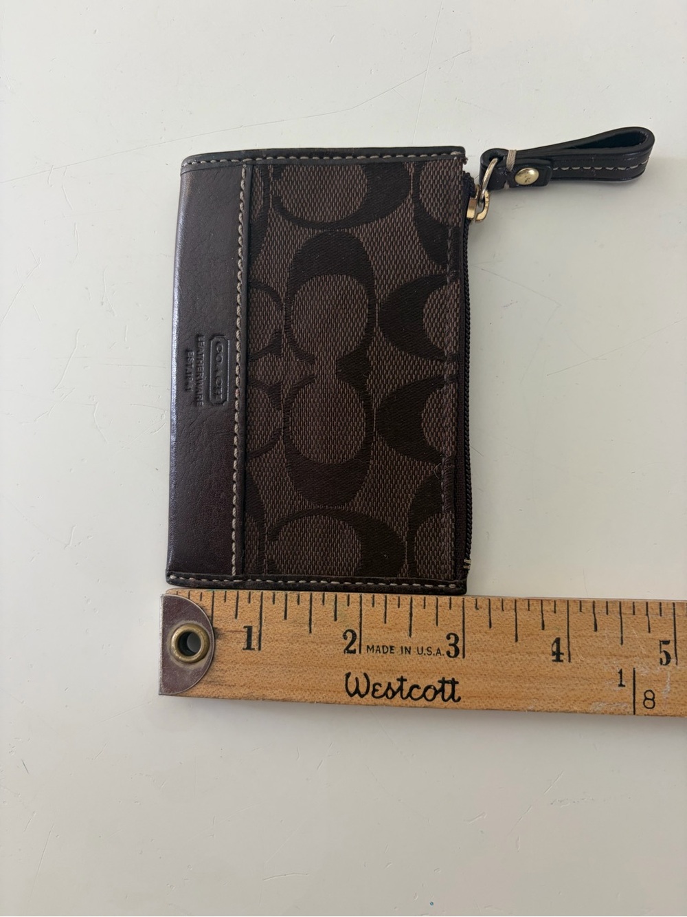 Coach Signature Jacquard Brown Leather Zip Keychain Coin Purse Card Case - Picture 8 of 8